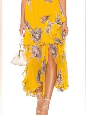 Misa Los Angeles Yellow Floral Asymmetrical Ruffled Skirt